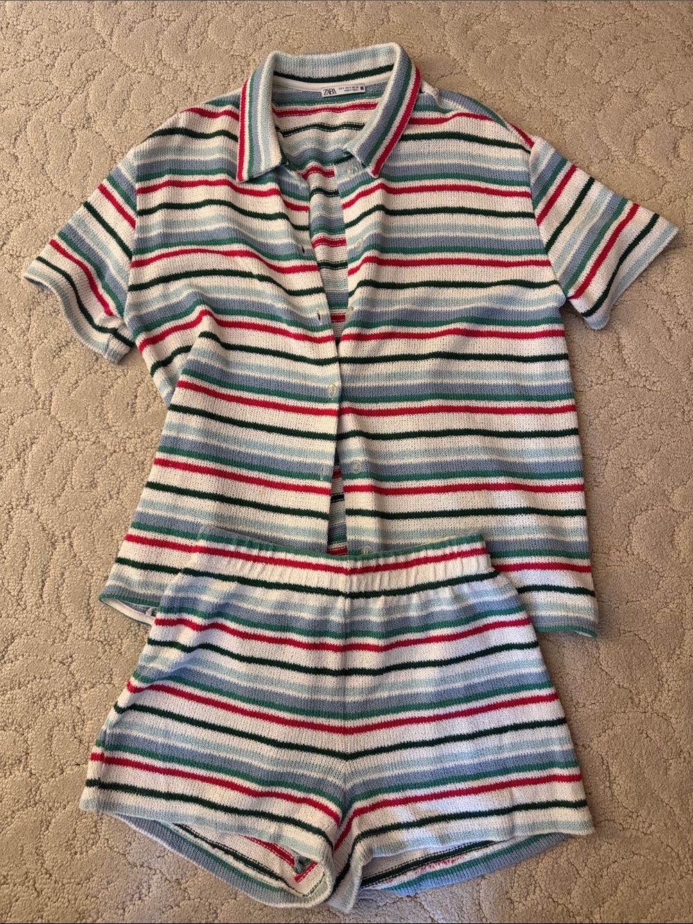 Zara Striped Knit Button-Down Top in White, Blue & Red